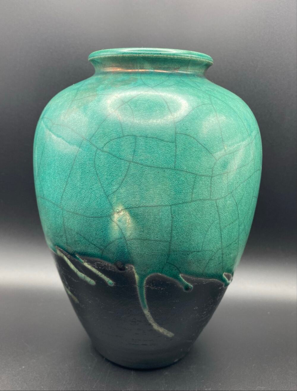 John Melkonian California Raku Studio Pottery Vase Turquoise and Black Crackle,